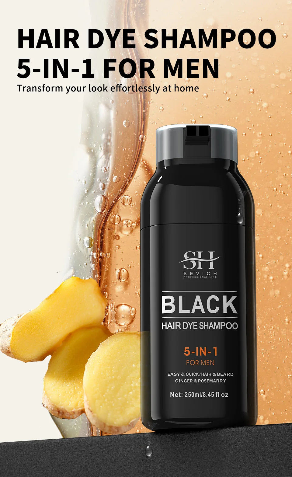 Shampooing Colorant Noir 5-en-1 pour Hommes – Colore, Nettoie & Nourrit