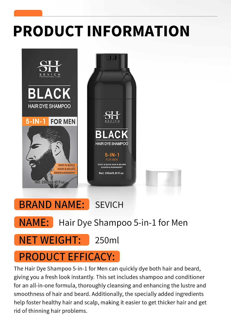Shampooing Colorant Noir 5-en-1 pour Hommes – Colore, Nettoie & Nourrit