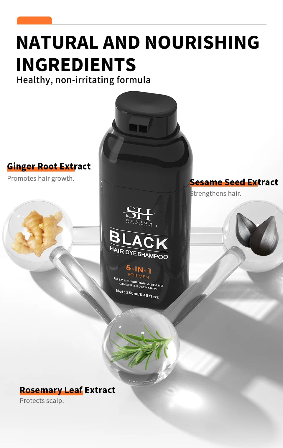 Shampooing Colorant Noir 5-en-1 pour Hommes – Colore, Nettoie & Nourrit