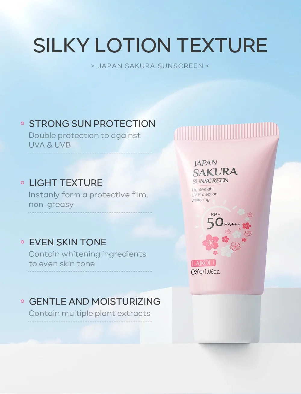 Laikou Sakura  Cream Korean Sunscreen Protector Facial Sun Blocker Spf50 Isolation Lotion  Moisturizer 30g