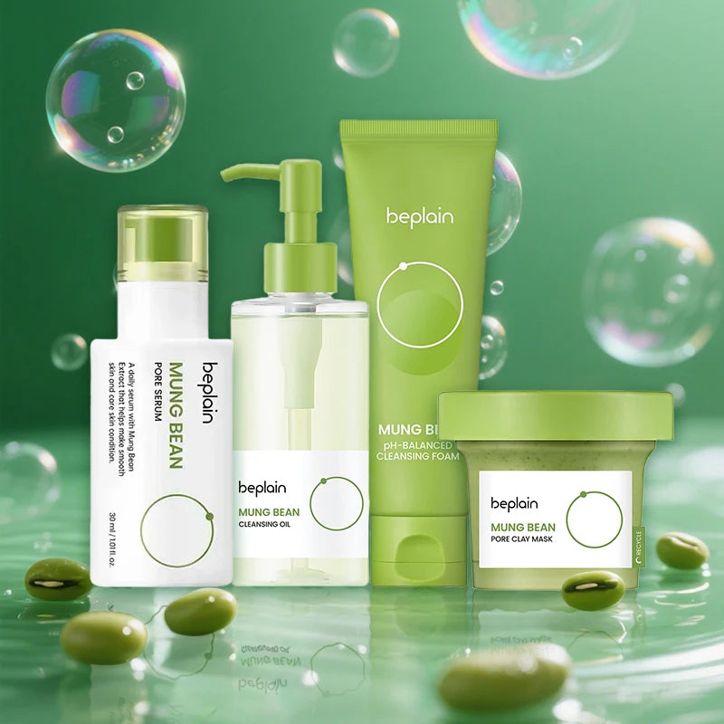 Korean Skincare Set Beplain Mung Bean Face Cleansing Foam,Face Serum,Exfoliate Pore Remover Clay Mask and Cleansing Oil 4pcs Set