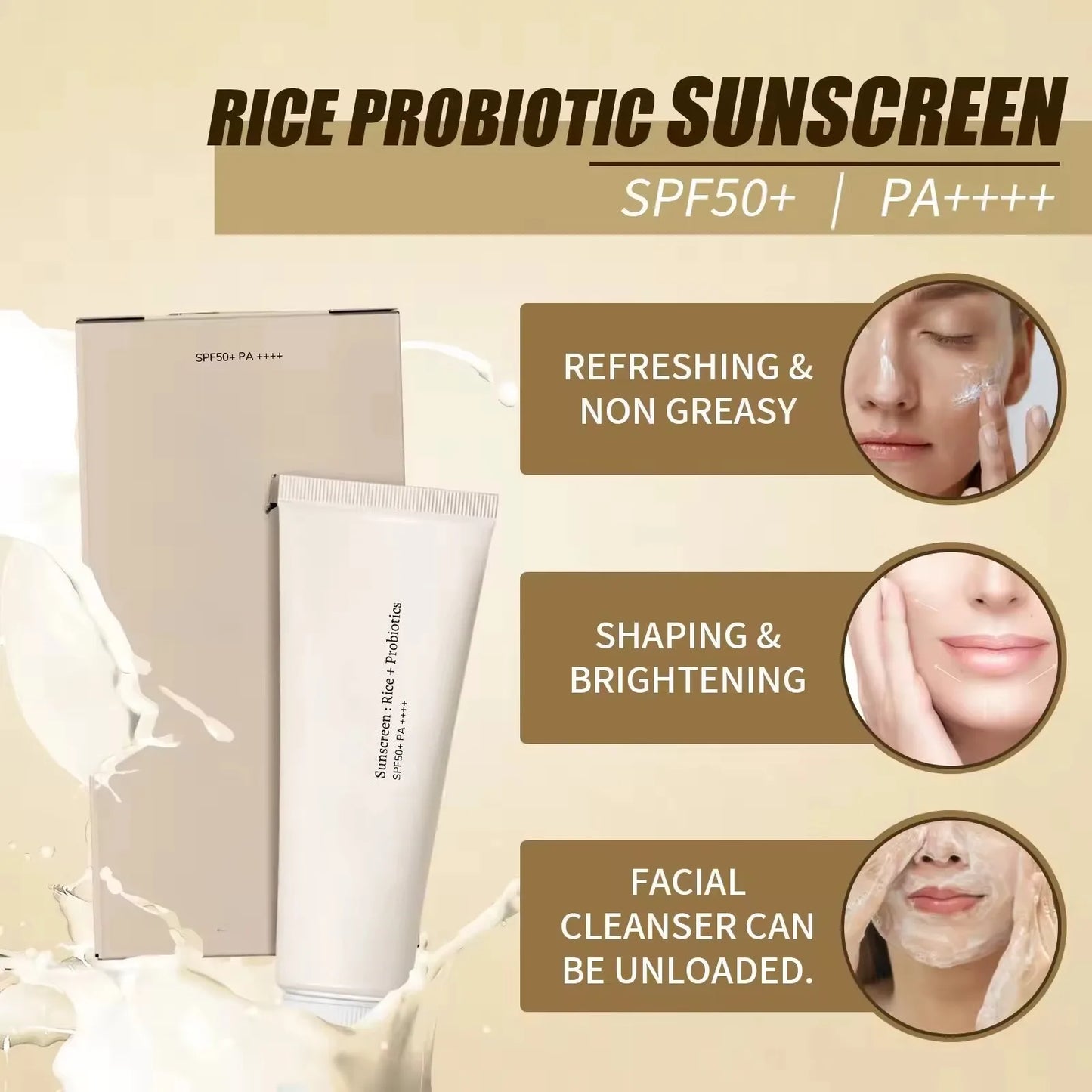 SPF50+ Sunscreen Korean Rice Probiotic Sunscreen Whitening Cream Anti-UV Sunscreen Face Gentle Moisturizer 50ml