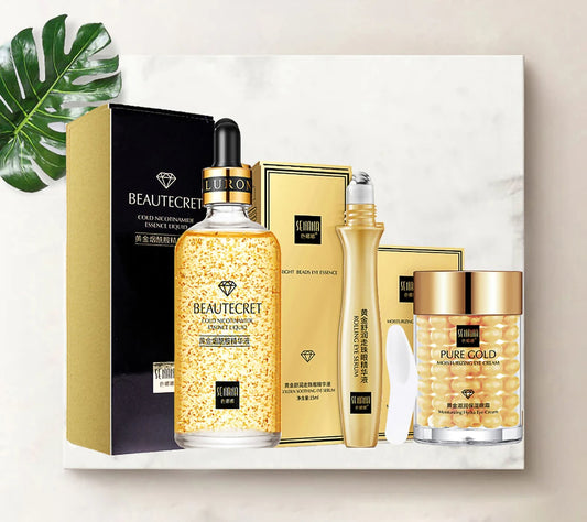 24K Gold & Collagen Skincare Set – Serum, Moisturizing Cream & Eye Roll-On